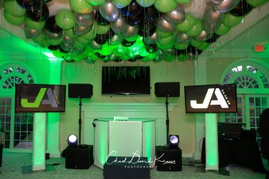Lime Green & Black Ceiling Balloons over Dance Floor at Fairview Country Club