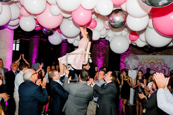 Beautiful Balloon Garland Sculpture Around Dance Floor Ceiling and Custom Step and Repeat for Bat Mitzvah Decor