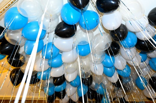 Loose Blue, Black & White Balloons Over Dance Floor for Bar Mitzvah Decor