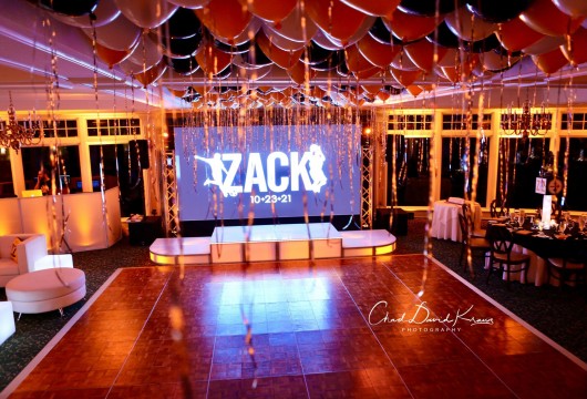 Amazing Loose Balloons Over Dance Floor Ceiling for Sports Themed Bar Mitzvah