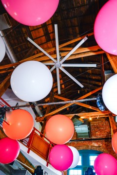 Orange, Magenta, Pink and White Large Balloons Over Ceiling for Bat Mitzvah