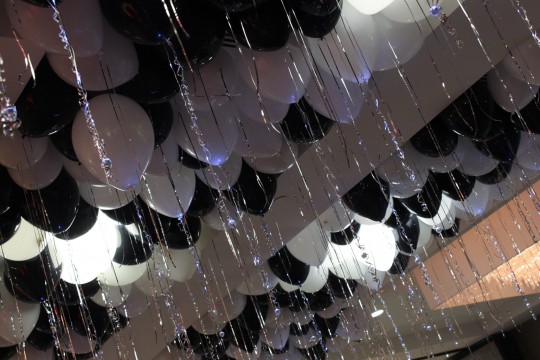Black & White Ceiling Balloons with Silver Shimmer Ribbon & LED Sparkle Ribbon