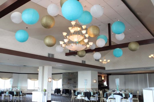 Turquoise, Gold & White Lanterns over Dance Floor at Patriot Hills