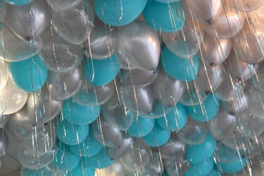 Turquoise & Silver Ceiling Balloons with Shimmer Ribbon over Dance Floor at Indian Trails Club