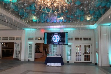 Turquoise & Silver Ceiling Balloons with Shimmer Ribbon over Dance Floor at Indian Trails Club
