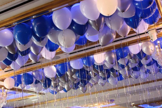 Blue & White Ceiling Balloons with Shimmer Ribbon over Dance Floor