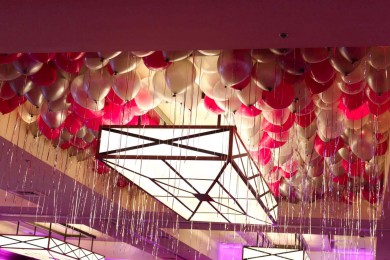 Hot Pink & Silver Ceiling Balloons with Shimmer Ribbon at the Trumbull Marriott