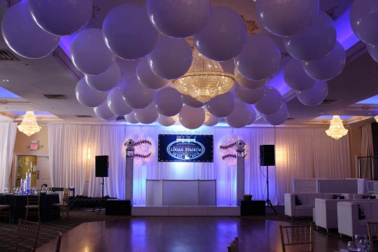 3' White Balloons on Ceiling for Yankees Themed Bar Mitzvah at The Wilshire Grand Hotel