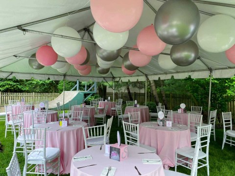 While, Baby Pink & Silver 3' Balloons on Tent Ceiling For Outdoor Bat Mitzvah Decor