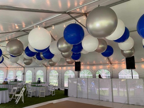 While, Navy Blue & Silver Large Balloons on Tent Ceiling For Outdoor BarMitzvah Decor