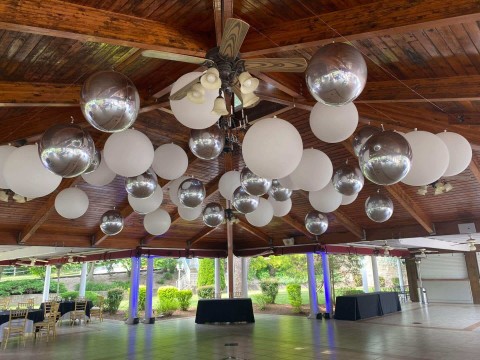 White 3' Balloons & Silver Metallic Orbz  over Dance Floor for Bat Mitzvah