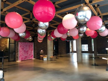 Shades of Pink 3' Balloons & Silver Metallic Orbz  over Dance Floor for Bat Mitzvah at Second Floor, NYC