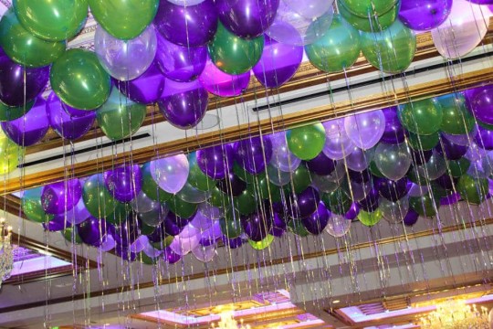 Purple & Lime Ceiling Balloons with Shimmer Ribbon