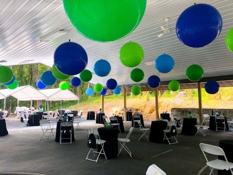 Blue & Green Large Balloons on Ceiling for Outdoor Bar Mitzvah at Camp Ramah, Berkshires