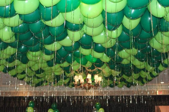 Dark Green & Lime Green Loose Ceiling Balloons with Silver Shimmer Ribbon