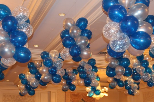 Blue & Silver Balloon Clusters Hanging from the Ceiling