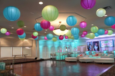 LED Lanterns over Dance Floor for Tropical Themed Bat Mitzvah at Hampshire Country Club
