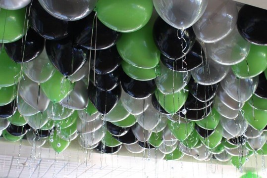 Lime, Black & Silver Ceiling Balloons with Shimmer Ribbon