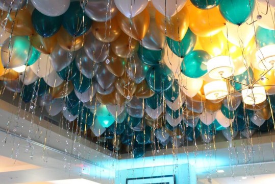 Gold, Teal & Silver Balloons over Dance Floor with Shimmer Ribbon at Columbia Faculty House