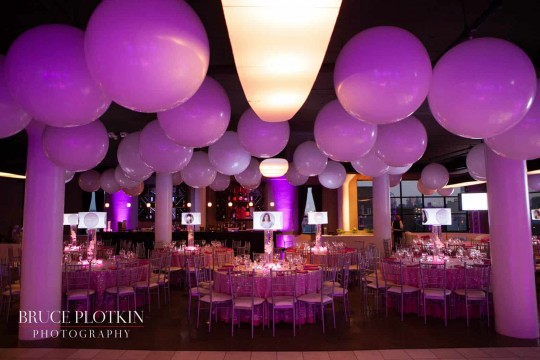 Club Themed Bat Mitzvah with 3' White Balloons on Ceiling