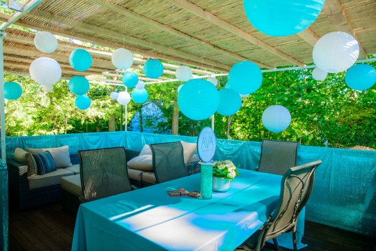 Beautiful Turquoise and White Lantern Ceiling Treatment and Mini Cocktail Logo Centerpiece for Outdoor Party Lounge Decor