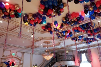 Jumbo Bouquets of Balloons & Ribbons on Ceiling over Dance Floor for Circus Themed First Birthday at The Legacy Castle