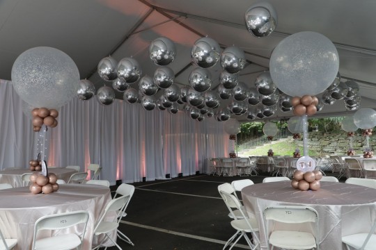 Classic Silver Metallic Orbz Around Dance Floor Ceiling, LED Sparkle Balloons with Balloon Base Centerpiece and Light Pink Up Lights Around Tent for Outdoor Party Decor