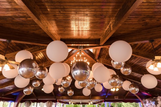 Classic Balloon Ceiling Treatment with Large White Balloons and Silver Metallic Orbz for Party Decor