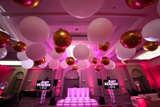 White & Gold Ceiling Balloons over Dance Floor at Park Ridge Marriott