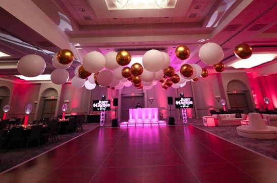 White & Gold Ceiling Balloons over Dance Floor at Park Ridge Marriott