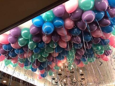 Pastel Colored Ceiling Balloons with Colored Ribbon at Stanton Ridge Country Club