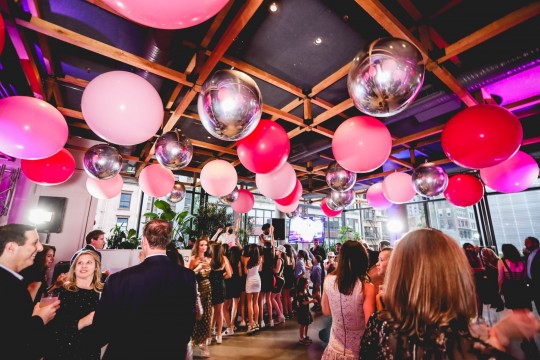 Beautiful Large Balloons Ceiling Treatment in Shades of Pink for Bat Mitzvah Decor