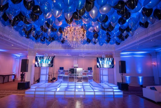 Loose Ceiling Balloons with Ribbons over Dance Floor for Bar Mitzvah at Preakness Hills. Country Club