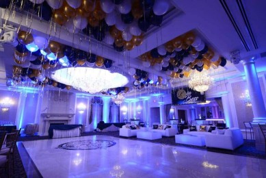 Gold, Navy & White Ceiling Balloons with Shimmer Ribbon over Dance Floor at Primavera Regence