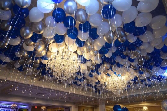 Blue & White Ceiling Balloons with Shimmer Ribbon at Preakness Hills Country Club