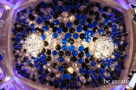 Blue, Black & Silver Loose Ceiling Balloons with Shimmer Ribbon & LED Lights at Preakness Hills Country Club