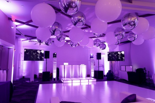 White 3' Balloons & Silver Metallic Orbz Ceiling Treatment Over Dance Floor and Lavender Up Lighting Around Room as Decor Accent for Bat Mitzvah
