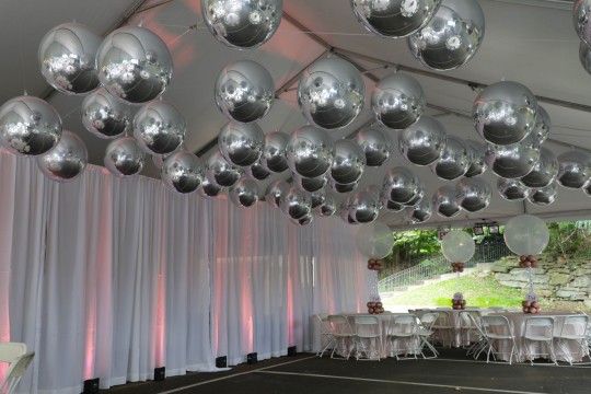 Silver Metallic Orbz Around Dance Floor Ceiling, LED Sparkle Balloons with Balloon Base Centerpiece and Light Pink Up Lights Around Tent for Outdoor Party Decor