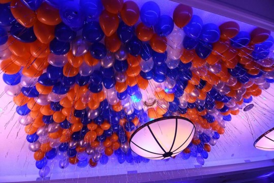 Orange & Blue Ceiling Balloons over Dance Floor at Cedar Hill Country Club