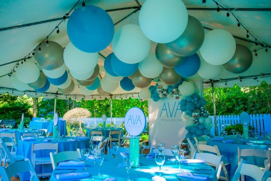 Beautiful Turquoise, White & Silver Jumbo Balloons over Tent Ceiling, Half Organic Arch, Custom Backdrop as Photo Op and Mini Logo Cocktail Centerpiece with Gems for Tent Party Decor