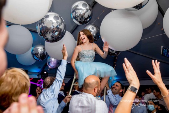 White & Silver Ceiling Balloons in Tent for Outdoor Bat Mitzvah