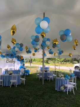 Clusters of Balloons & Dazzle Stars on Tent Ceiling For Outdoor Baby Shower