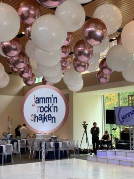 White & Rose Gold Ceiling Balloons Hung over Dance Floor at Temple Beth El, Chappaqua