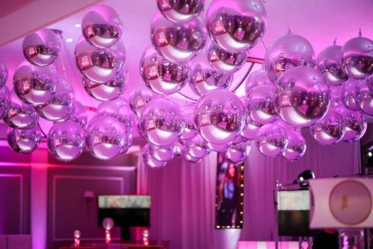 Silver Metallic Orbs Staggered over Dance Floor at Cedar Hill Country Club