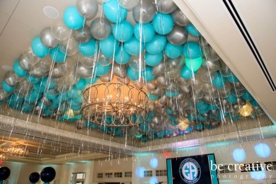 Turquoise & Silver Ceiling Balloons with Shimmer Ribbon at Indian Trail Club