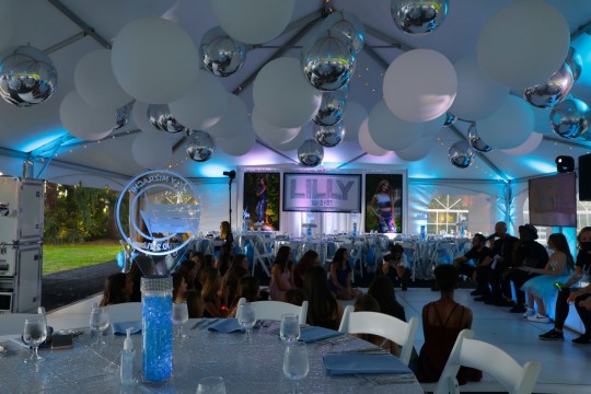 Beautiful Classic Balloon and Orbz Ceiling Treatment Over Dance Floor, Custom Logo Centerpiece with Gems, Custom Backdrop and Blow Up Pictures for Tent Party Decor