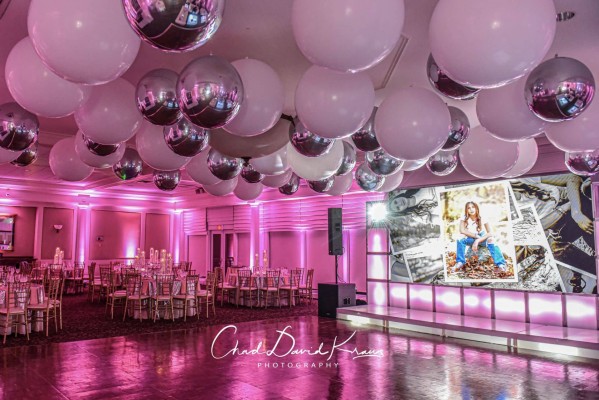 White & Silver Ceiling Balloon Treatment over Dance Floor for Bat Mitzvah at Hampshire Country Club