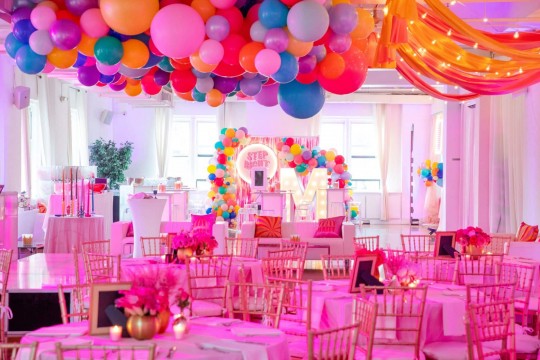 Carnival Themed Bat Mitzvah with Organic Ceiling Balloon Sculpture & Custom Photo Booth Backdrop at Midtown Loft and Terrace, NYC