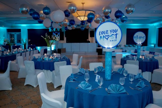 Shades of Blue & Silver Metallic Balloons Ceiling Treatment For Bat Mitzvah at Tamarack Country Club
