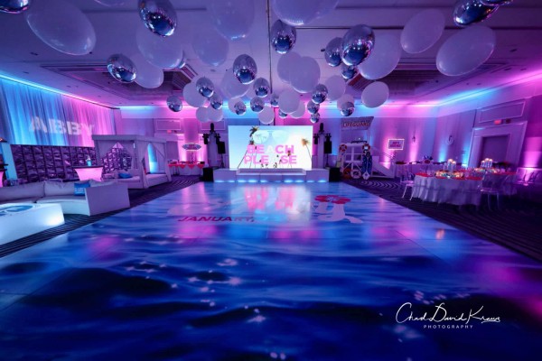 Tropical Themed Bat Mitzvah with White & Silver Balloons over Dance Floor at Greenwich Hyatt